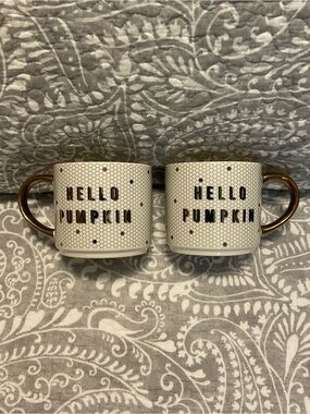 Pair of Hello Pumpkin Mugs - Honeycomb Tile Pattern w Metallic Accents